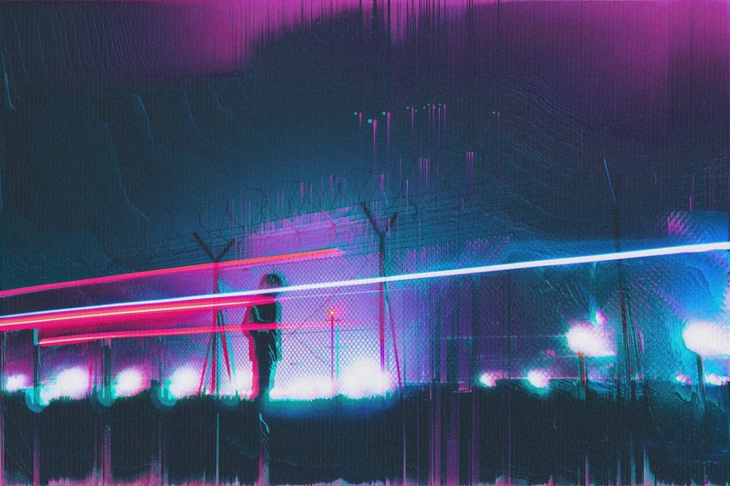 digital art, waves, glitch art, night