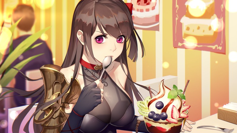 anime girls, original characters, women, brunette, long hair, purple eyes, spoon, spoons, ice cream, fruit, sitting, cleavage, see-through clothing, looking at viewer, indoors, artwork, drawing, Thankstar404, berries, anime, digital art, 2D