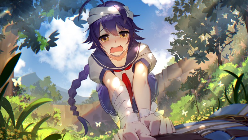 anime girls, original characters, women, blue hair, yellow eyes, crying, tears, open mouth, long hair, braided hair, sailor uniform, bandage, sun rays, butterfly, outdoors, Thankstar404, anime, artwork, digital art, illustration, 2D, drawing