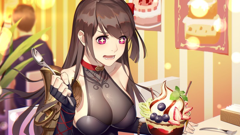 anime girls, original characters, brunette, long hair, purple eyes, open mouth, spoon, spoons, ice cream, fruit, sitting, cleavage, see-through clothing, indoors, Thankstar404, anime, berries, food, boobs, artwork, digital art, 2D, drawing
