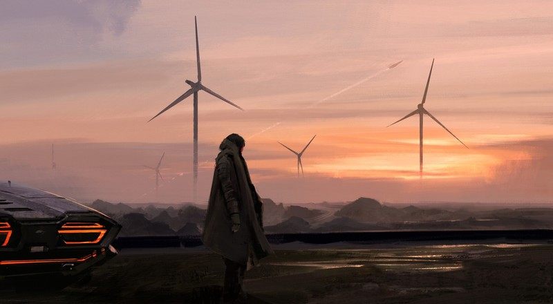 artwork, landscape, car, wind turbine