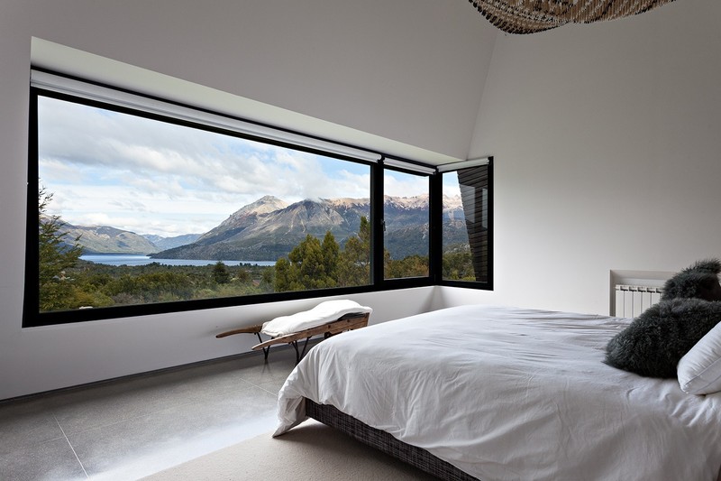 bed, bedroom, interior, interior design, modern, lake, mountains