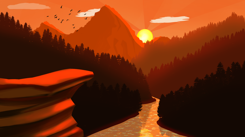 sunset, mountains, artwork, river, Sun
