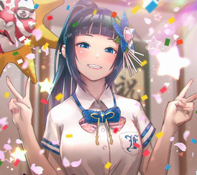 anime girls, Virtual Youtuber, dark blue hair, ponytail, blue eyes, smiling, shirt, bow-tie, peace sign, depth of field, Kaburagi Yasutaka, anime, colorful, artwork, drawing, digital art, illustration, 2D, fan art