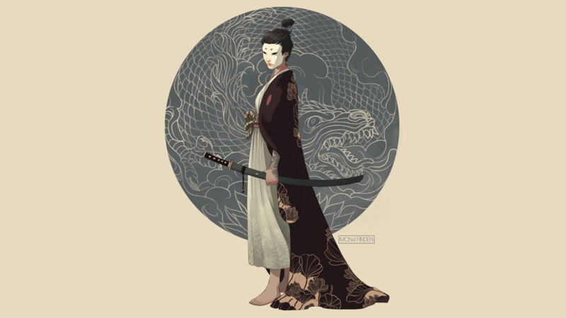 samurai, kimono, katana, weapon, barefoot, fantasy art, dragon, Japan, original characters, artwork, digital art, illustration, drawing, beige background, simple background, circle, standing, side view, Mona Finden, women, fantasy girl, Japanese clothes, minimalism