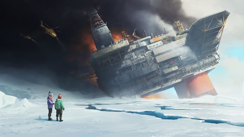 oil rig, artwork, fire, burning, helicopter, ice
