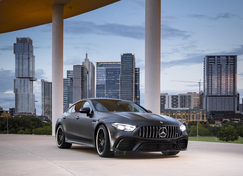 Mercedes-Benz, car, vehicle, luxury cars, city, Mercedes-AMG GT 4-door, front angle view, black cars