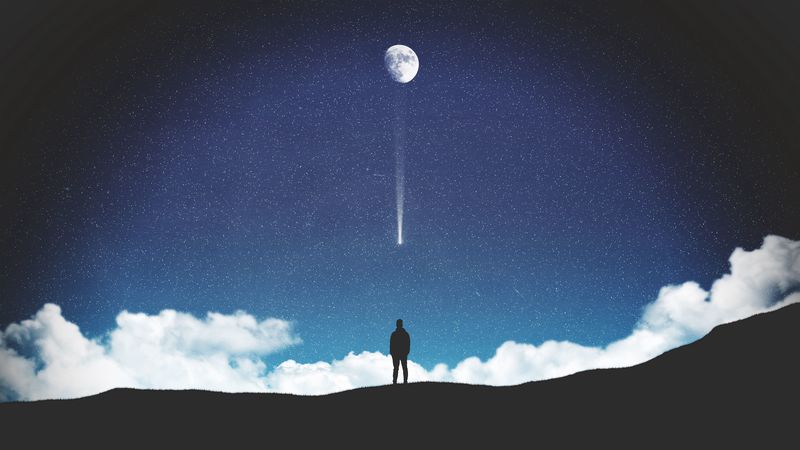 silhouette, moon, stars, art, night, loneliness, 4k