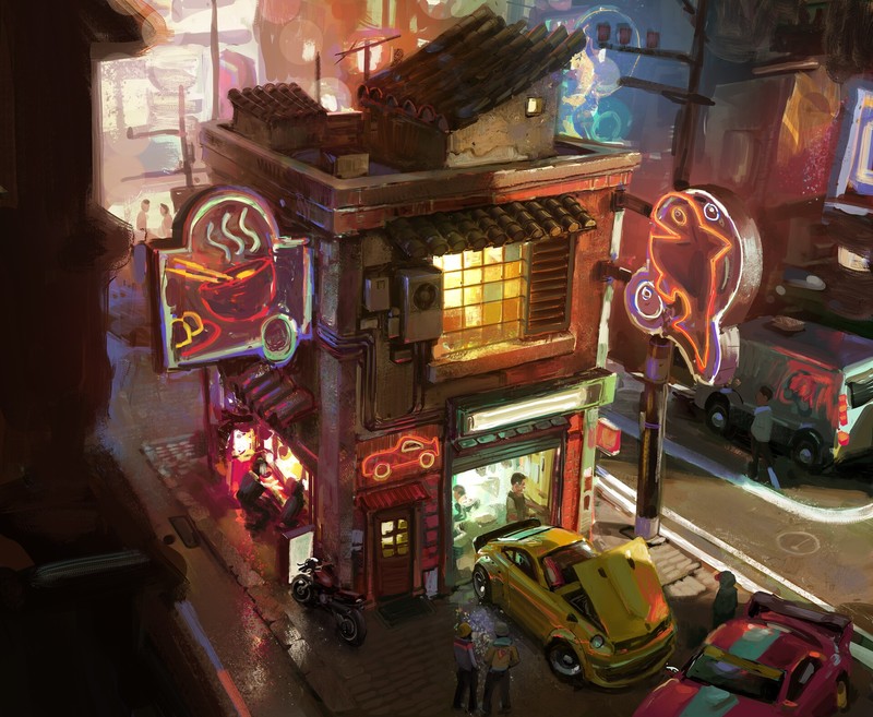Garage, car, artwork, neon, digital, house