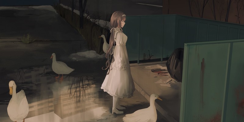 anime girls, anime, animals, duck, brunette, dress, white dress