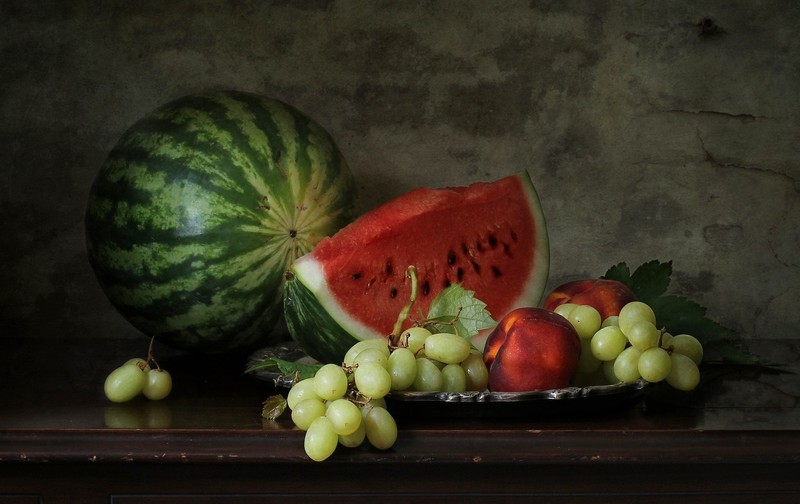 still life, melons, food, fruit, grapes, peaches, watermelons