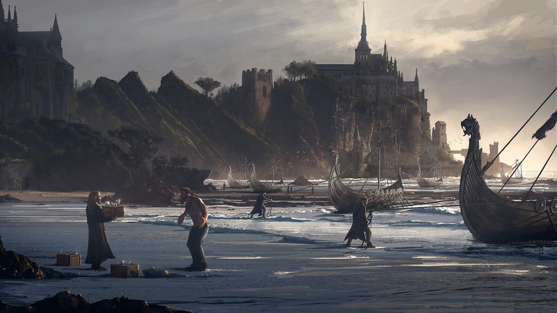 Vikings, fantasy art, beach, artwork, boat, vehicle