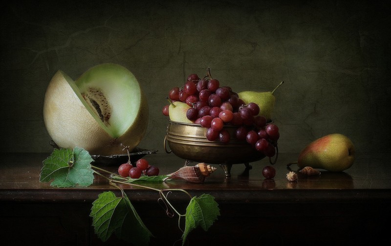 still life, grapes, fruit, food, melons, pear