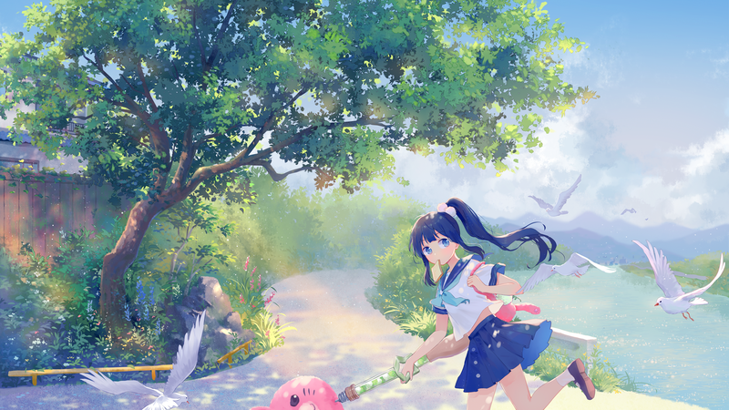 anime, anime girls, trees, blue hair, birds, miniskirt