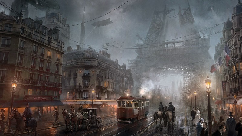 steampunk, Paris, city, artwork, cityscape, fantasy art, Victorian