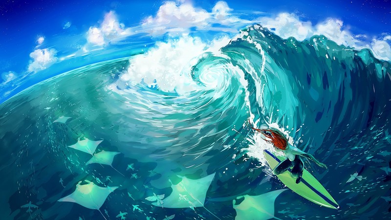 water, clouds, artwork, anime girls, anime, sea, cyan