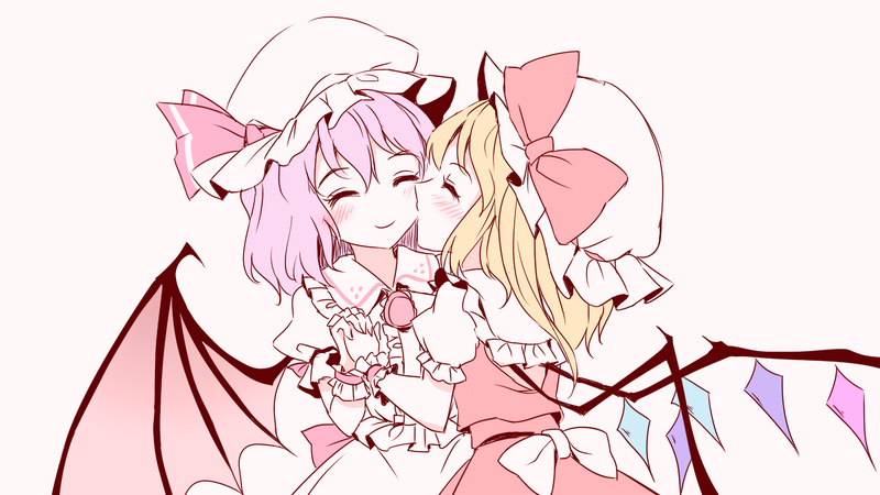 Touhou, Flandre Scarlet, Remilia Scarlet, dress, kissing, purple hair, blonde, wings, smiling, yuri, closed eyes