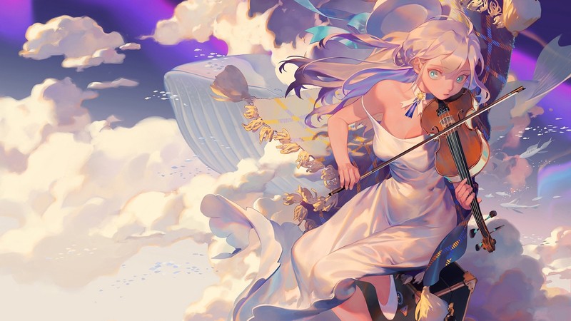 violin, dress, clouds