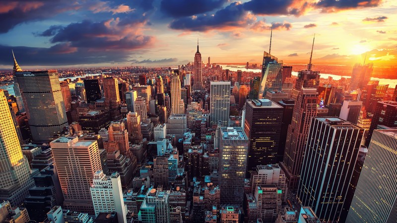 cityscape, sunlight, sunset, landscape, architecture, clouds, New York City, Manhattan, skyscraper, aerial view, Brooklyn Bridge, Dominic Kamp, Empire State Building