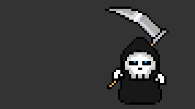 pixel art, blue eyes, Grim Reaper, simple background, skull, death, minimalism, pixels