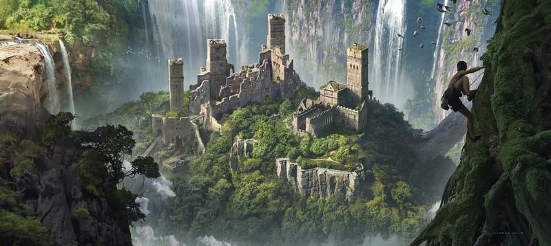 ruins, city, exploration, climbing, architecture, waterfall, castle, artwork