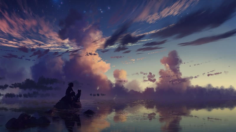 Yuumei, water, sunset, stars, clouds, dog