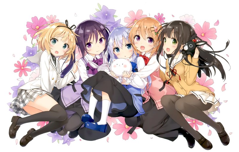 anime, anime girls, artwork, white background, white skin, Gochuumon wa Usagi Desu ka, Gochuumon wa Usagi Desu ka?, Tippy ( gochuumon wa usagi desu ka ? ), Tedeza Rize, Kafuu Chino, Hoto Kokoa, Kirima Sharo, maid, maid outfit, Ujimatsu Chiya, flowers