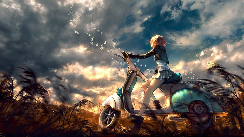 sky, clouds, anime girls, anime, vehicle, outdoors, miniskirt