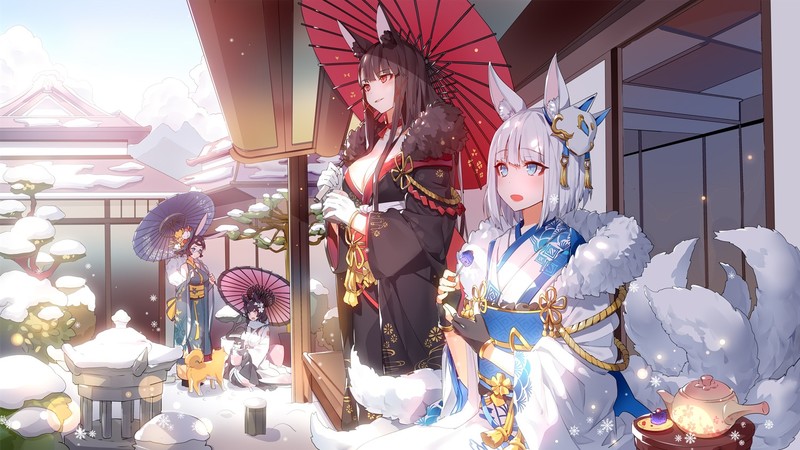 Atago (Azur Lane), Akagi (Azur Lane), Kaga (Azur Lane), bunny ears, bunny girl, foxy ears, fox girl, animal ears, tail, smiling, snow, Japan, kimono, umbrella, Japanese umbrella, Azur Lane, anime girls, fan art, video games, artwork, digital art, fantasy girl, illustration, 2D