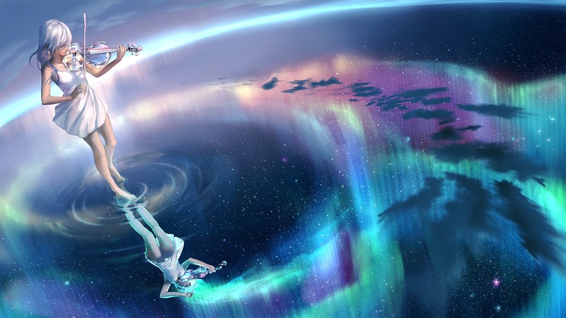 Yuumei, violin, clouds, dress, stars, sky, water, cyan