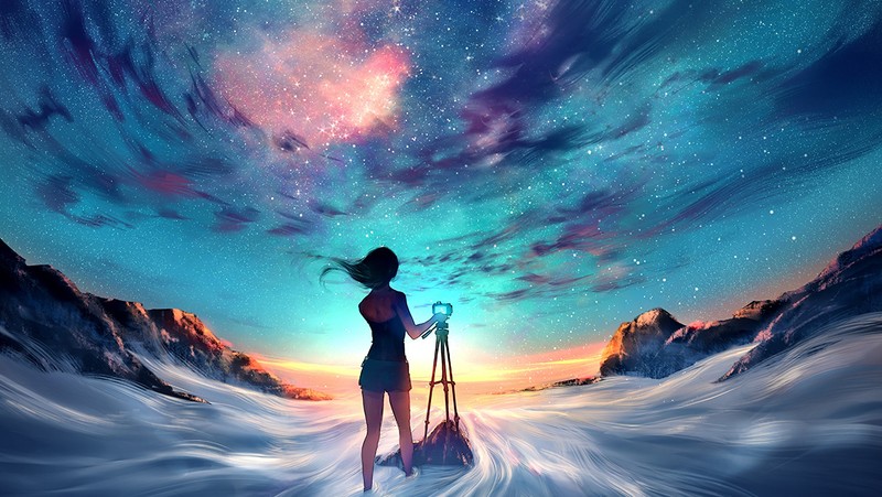camera, landscape, sky, stars, Yuumei