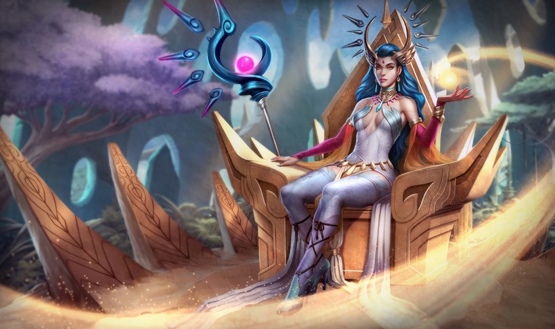 fantasy art, fantasy girl, blue hair, throne