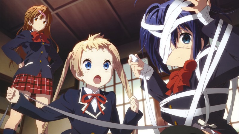 anime, anime girls, Chuunibyou demo Koi ga Shitai!, school uniform, Takanashi Rikka, Nibutani Shinka, Dekomori Sanae, artwork, white skin
