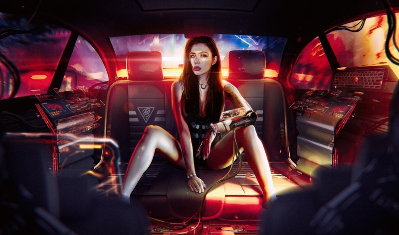 women, brunette, looking at viewer, long hair, fantasy girl, cyborg, futuristic, cyberpunk, sitting, bodysuit, inside a car, vehicle interiors, Photoshop, artwork, photo manipulation, digital art, lens flare, bokeh, Pavel Bondarenko, science fiction