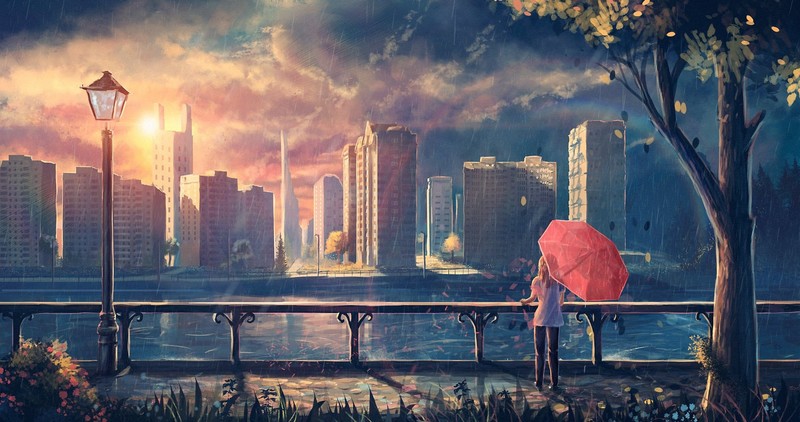 sunset, city, anime, anime girls, cityscape, umbrella, lantern, sky, trees, Sylar