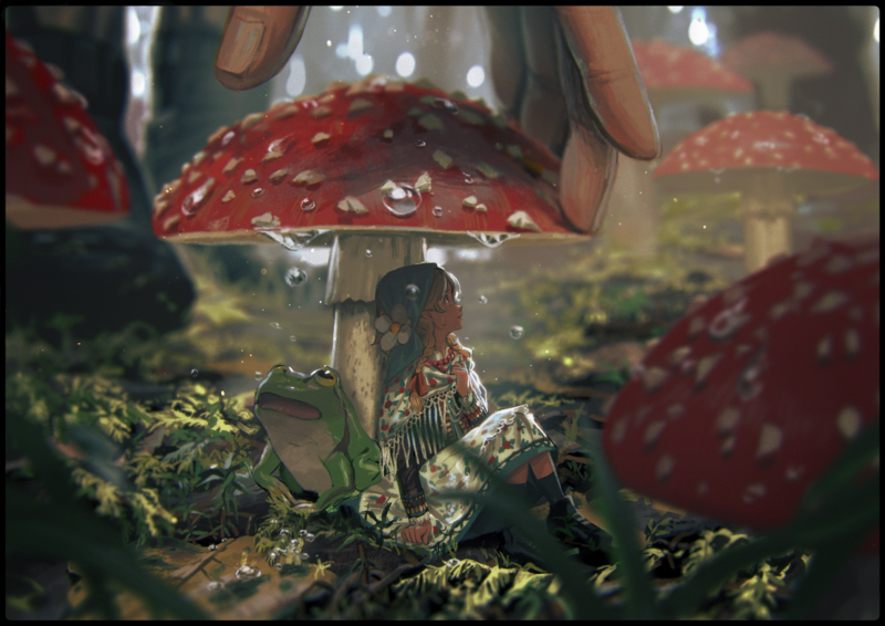 anime, anime girls, mushroom, frog, hands
