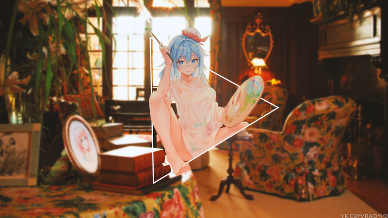 anime, anime girls, picture-in-picture, barefoot, women with glasses, blue hair