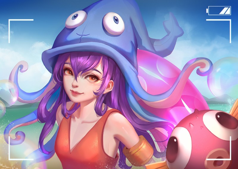 Lulu (League of Legends), League of Legends, video games, video game art, women, looking at viewer, smiling, purple hair, long hair, hat, sky, video game girls, artwork, digital art, illustration, 2D, fan art, portrait, Jingwen Lin, anime girls, anime