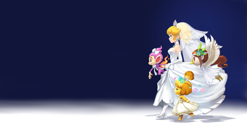 Nintendo, Princess Peach, Peach, dress, wedding dress, Super Mario, Animal Crossing, Pokémon, blue background, medli