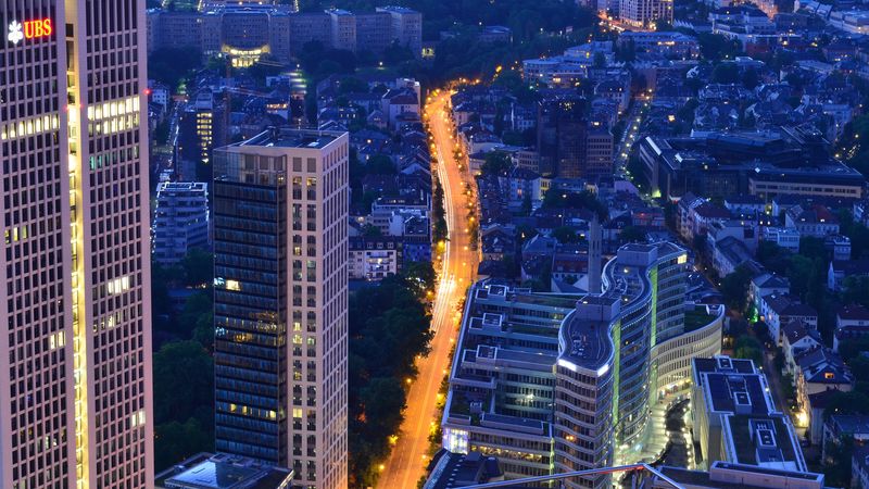 night city, aerial view, skyscrapers, city lights, frankfurt, 4k