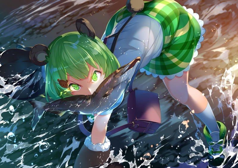 anime girls, anime, green hair, green eyes, fish, water