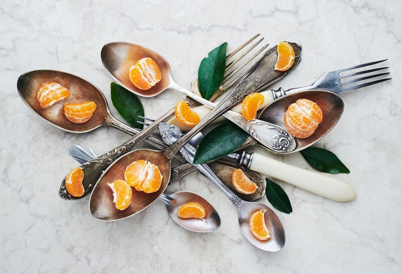 still life, spoon, fork, food, fruit