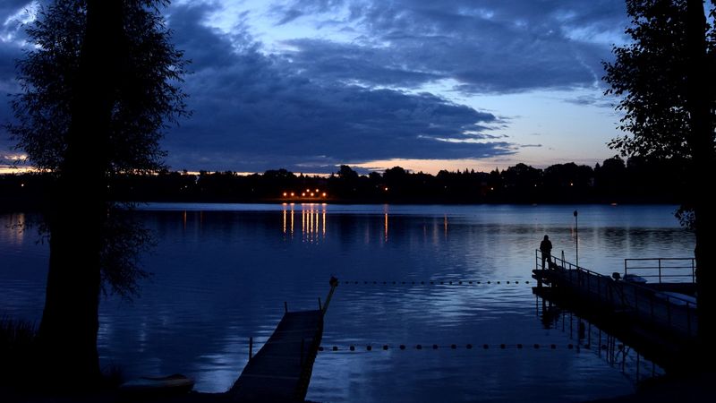 pier, night, river, silhouette, solitude, 4k