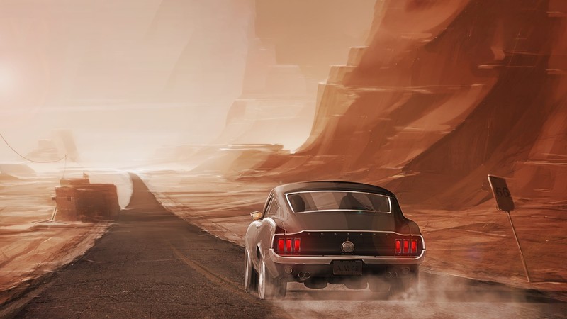 Ford Mustang, car, vehicle, road, asphalt, artwork, landscape, Ford