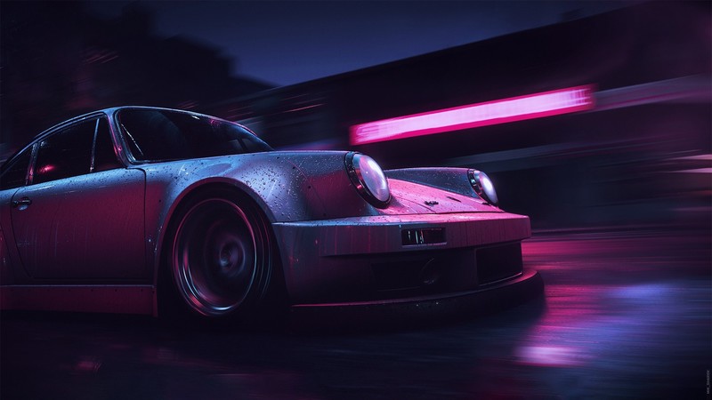 Porsche, vehicle, digital art, car, water drops, neon glow, Retrowave