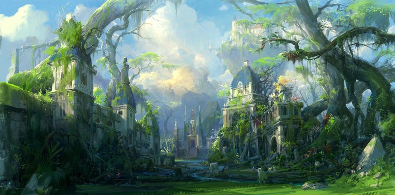 artwork, forest, castle, fantasy art, digital, ruin, nature HD Wallpaper