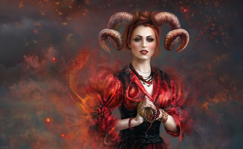 demoness, succubus, redhead, red tops, jewel, jewelry, fantasy art, fantasy girl, horns, demon girls
