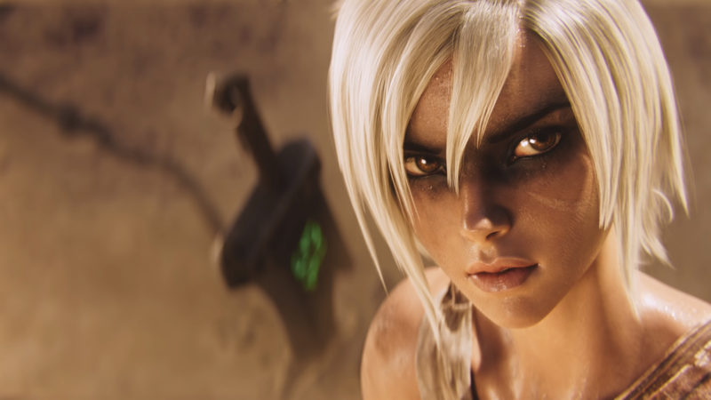 Riven (League of Legends), League of Legends, PC gaming, render, brown eyes, face, blonde, video game girls