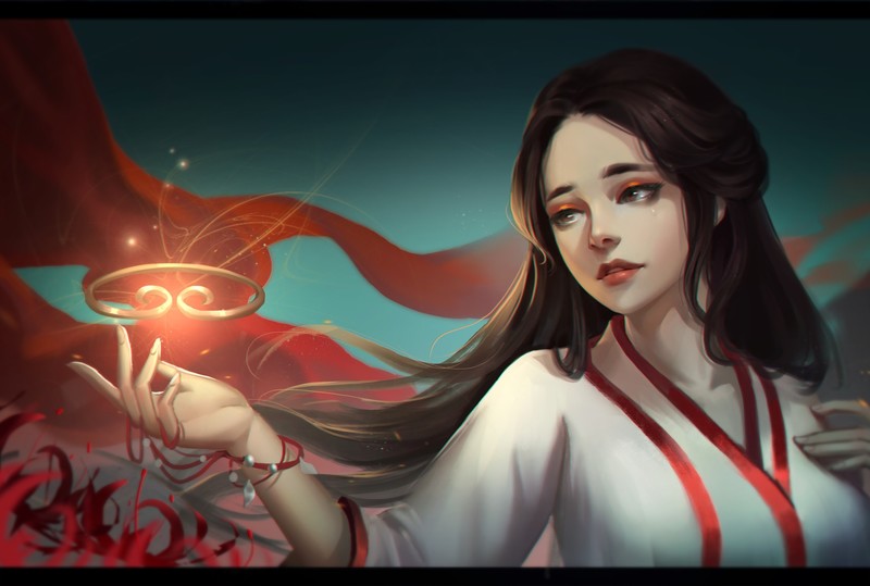 women, fantasy girl, brunette, magic, long hair, miko, bokeh, flowers, artwork, digital art, illustration, 2D, fantasy art, Jingwen Lin