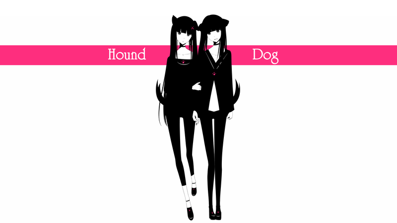 anime girls, original characters, simple background, inumimi, tail, animal ears, dog girls, skirt, pantyhose, pants, jacket, collar, long hair, twintails